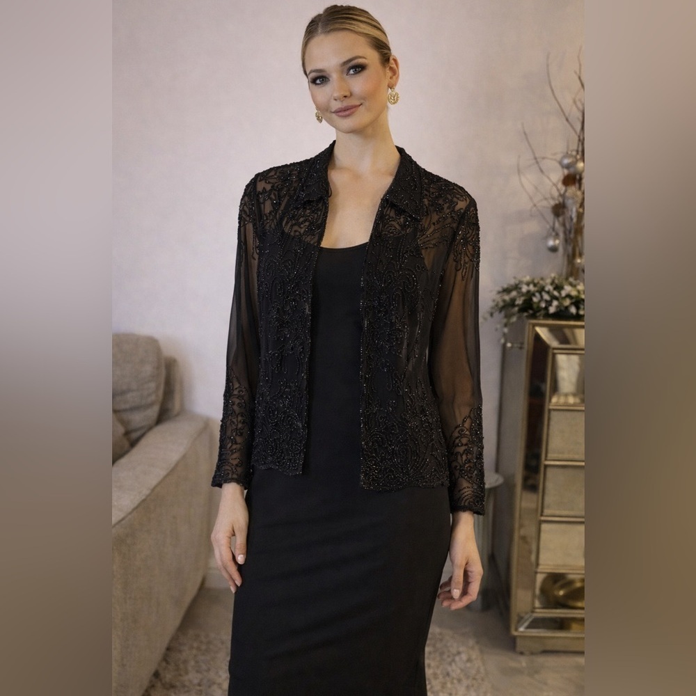 J Kara Black Beaded Sheer Jacket size M